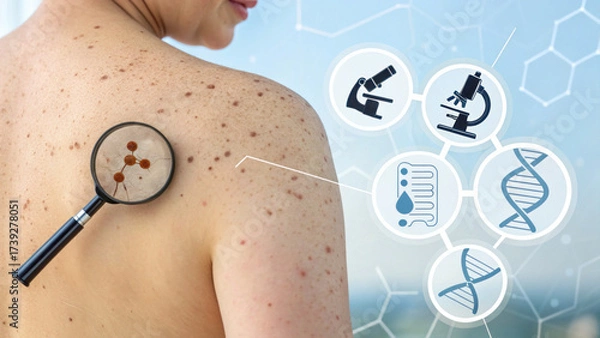 Fototapeta Dermatology concept for skin cancer and melanoma diagnosis. medical examination of mole or nevus on man back. Health and prevention care