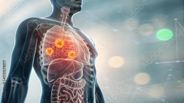 Fototapeta Conceptual medical illustration of human anatomy showing lung cancer tumor disease. serious view of patient torso for oncology