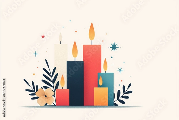 Fototapeta Lit candles in various colors surrounded by flowers and leaves create serene atmosphere