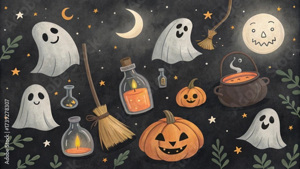 Fototapeta Cute spooky halloween pattern illustration with whimsical ghost and pumpkin. fun design on dark night background for holiday