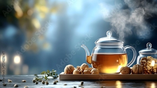 Fototapeta Cozy tea time with a glass teapot, steaming tea, and walnuts on a wooden tray in a warm ambiance