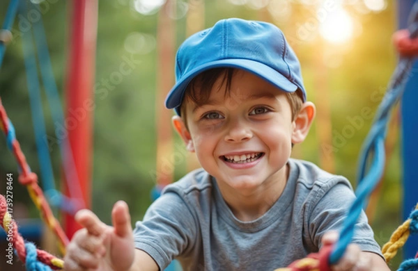 Obraz Young boy plays on colorful playground rope structure outdoors. Wears blue cap, grey t-shirt. Child smiles broadly at camera. Active fun on sunny summer day. Happy kid enjoys outdoor play time with