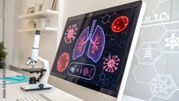 Fototapeta Focused medical research on lung virus using computer technology. digital illustration on screen showing healthcare and science innovation