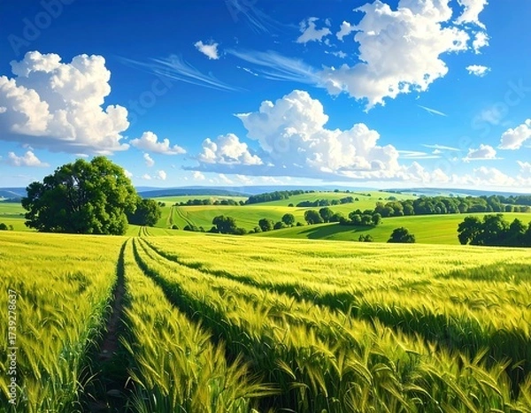 Fototapeta Vibrant Landscape of Green Fields Under a Sunny Blue Sky with Clouds