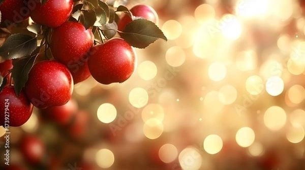 Fototapeta Bright red apples hanging on a tree branch with blurred golden lights in the background during autumn season