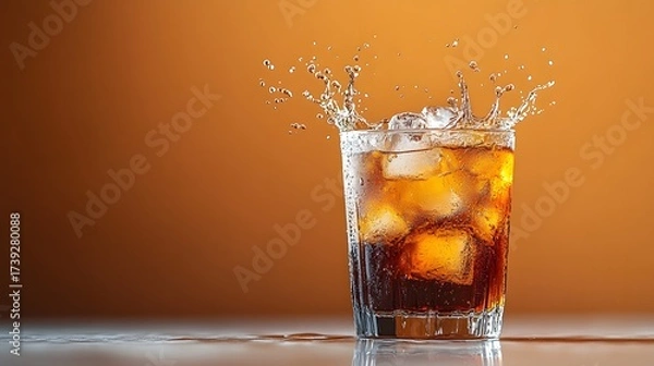 Fototapeta Refreshing cold drink with ice splashing in glass against warm orange background