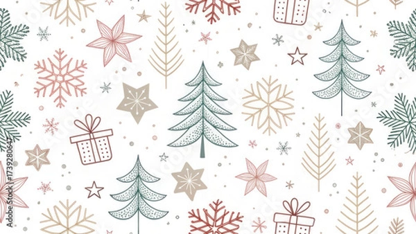 Fototapeta Joyful minimal christmas seamless pattern with simple winter holiday elements. festive design with cute tree and snowflake doodles for celebration