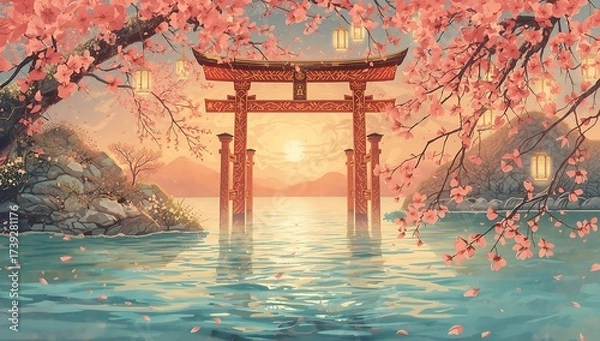 Fototapeta A wooden torii gate frames the temple architecture in the early morning sky, blending water and nature in an autumnal landscape