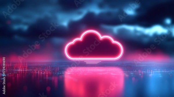Fototapeta Vibrant cloud symbol with neon outline illuminated against a dramatic sky and reflective surface at twilight