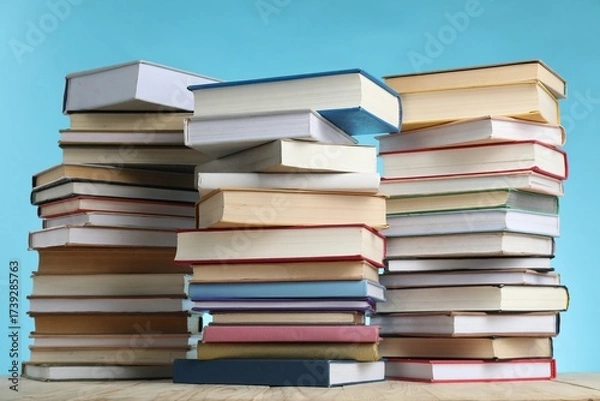 Obraz Many stacked books on wooden table against light blue background