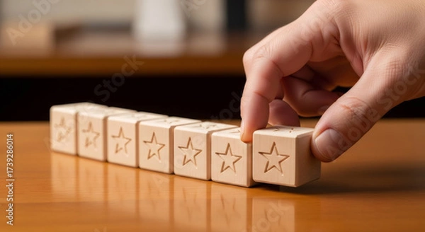Fototapeta Hand of a man picking up the last wooden star block. Customer service rating concept. Quality assessment and feedback for reputation.