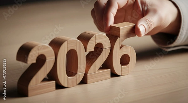 Fototapeta Woman hand placing wooden block to form 2026. Setting new year goals and future planning. Conceptual illustration for success.