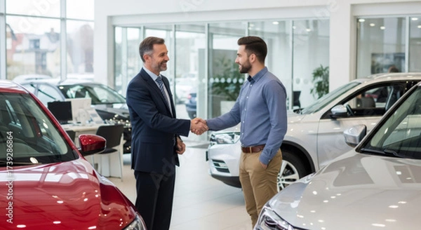 Fototapeta Two men shaking hands at a car dealership. Salesman and customer making a deal in showroom. Buying or selling automobile concept.