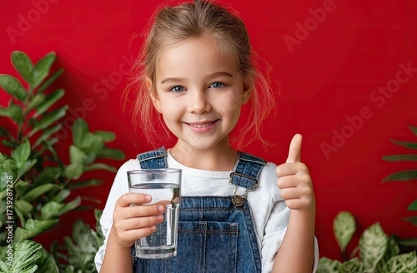 Fototapeta cute girl smiling and holding a glass of water, making a thumbs-up gesture on a red background with green plant leaves