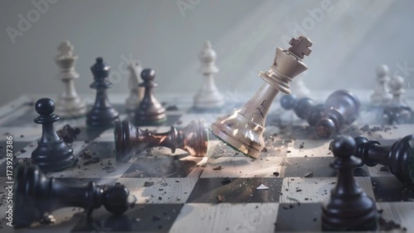 Fototapeta A dramatic, shattered chessboard depicts a fierce battle with a fallen king and scattered pieces in hazy light.