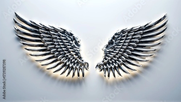 Fototapeta Gleaming metallic wings, a symbol of freedom and power, radiate a soft glow against a white backdrop.