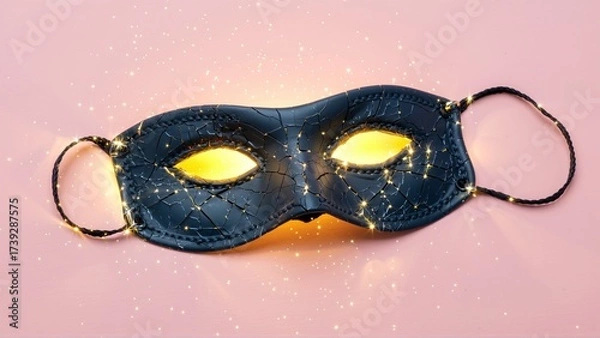 Fototapeta Mystical Black Mask Illuminated with Golden Light and Sparkling Stars on a Soft Pink Background