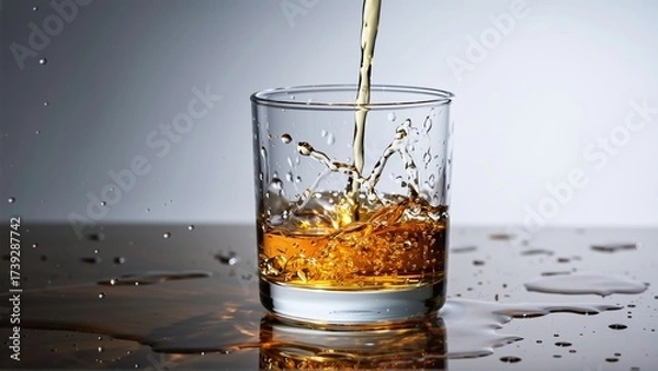 Fototapeta Capturing the dynamic splash and cascade as golden amber liquid pours into a clear glass.