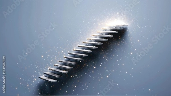 Fototapeta Ascending a staircase of light and shimmering dust towards an unknown, brilliant destination.