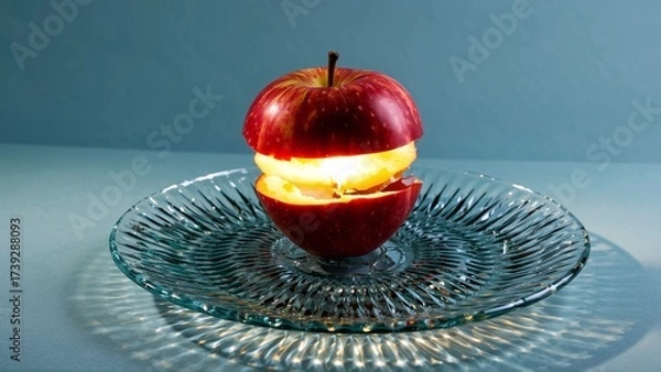 Fototapeta Glowing Apple Halves Illuminate Glass Plate with Intricate Light Patterns