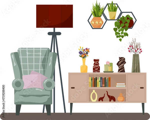 Obraz A cozy living room interior with an armchair and a floor lamp. A low cabinet with books, vases of flowers, and home decor items. Shelves with green houseplants. Contemporary design for living. Vector