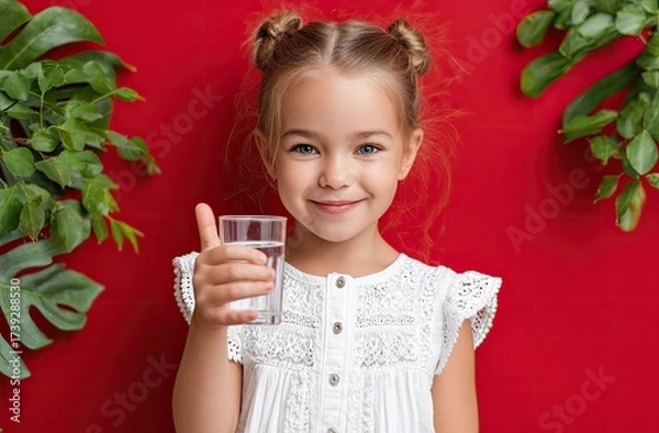 Fototapeta cute girl smiling and holding a glass of water, making a thumbs-up gesture on a red background with a green plant in the room