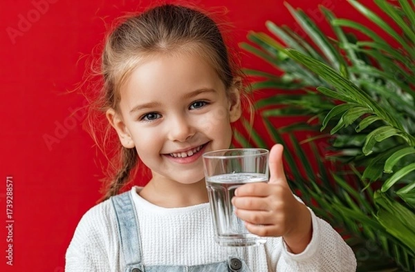 Fototapeta cute girl smiling and holding a glass of water, making a thumbs-up gesture on a red background with a green plant in the room