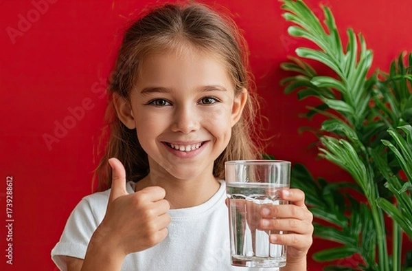 Fototapeta cute girl smiling and holding a glass of water, making a thumbs-up gesture on a red background with a green plant in the room