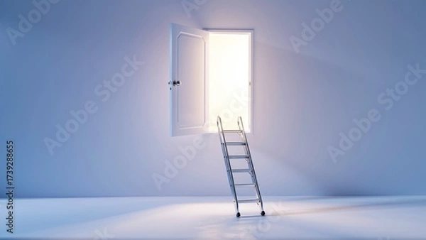 Fototapeta A Ladder Leads Through an Open Door to a Brilliantly Lit New Beginning, Symbolizing Opportunity and Hope
