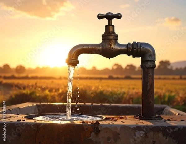 Fototapeta Water flowing from an old faucet outdoors with a beautiful sunset background