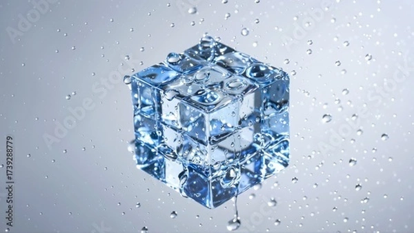 Fototapeta A captivating cube of ice melts amidst a cascade of refreshing water droplets, showcasing its frigid beauty.