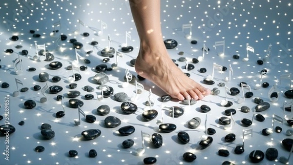 Fototapeta A barefoot journey through a world of shimmering lights and musical notes, where stones pave the path.