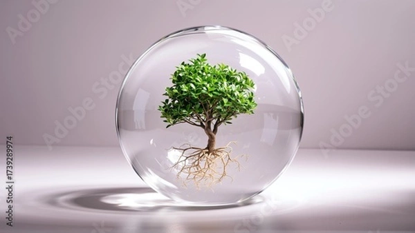 Fototapeta A vibrant, rooted tree thrives within a protective, transparent sphere, symbolizing preservation and delicate life.