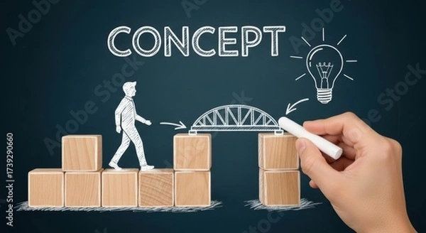 Fototapeta Creative concept development illustrated with chalk drawing showing idea generation and problem solving
