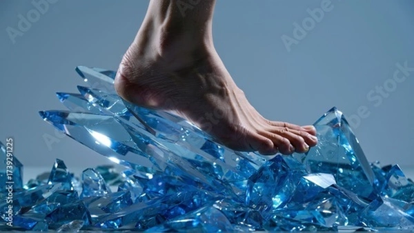Fototapeta A foot stepping gingerly on sharp, transparent blue crystals, suggesting risk and delicate movement.