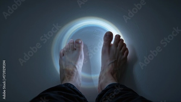 Fototapeta Illuminated Feet Resting in a Circle of Blue Light, Offering a Mystical and Serene Visual Experience.
