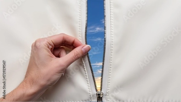 Fototapeta A hand unzips a white garment to reveal a bright, cloud-filled sky, symbolizing new possibilities and openness.