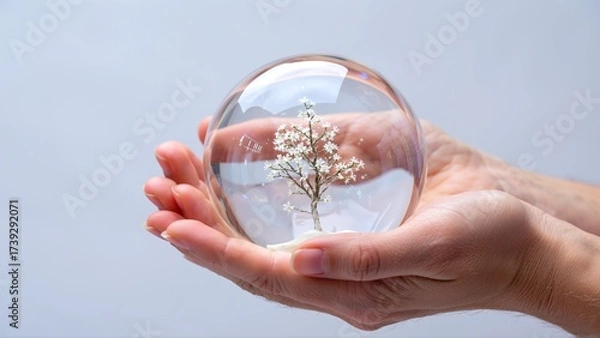 Fototapeta Delicate miniature tree encased in a crystal sphere, cradled gently within human hands.