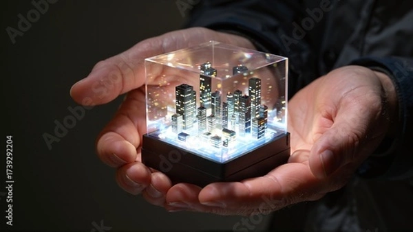 Fototapeta A miniature, illuminated cityscape rests within cupped hands, a glowing world in microcosm.