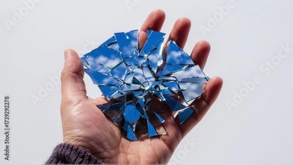Fototapeta Shards of a reflective sky held in an open hand, a fragmented mirror capturing the clouds.