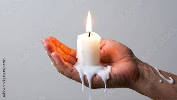 Fototapeta A Lit Candle Melts Wax Onto an Open Palm, Creating a Drip Effect Against a Soft Gray Background.