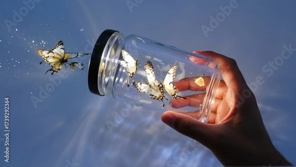 Fototapeta A Hand Frees Delicate Butterflies from a Glass Jar into the Golden Sunlight