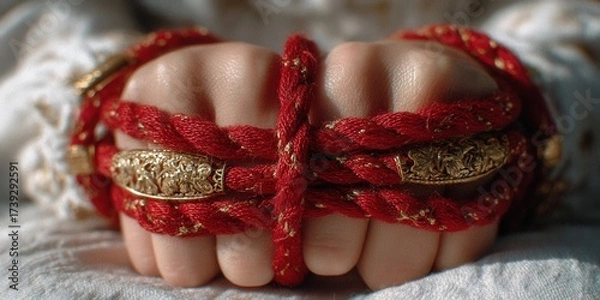 Obraz Intricate red and gold cord binds delicate hands, evoking themes of restraint, sacrifice, and ceremonial beauty.
