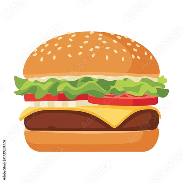 Fototapeta Delicious burger with fresh lettuce and juicy tomato layers, perfect for restaurant menus and fast food promotions