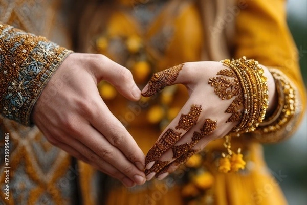 Obraz Embrace eternal love and cultural richness with hands forming a heart, adorned with intricate henna and sparkling gold bangles, perfect for wedding and celebration themes.