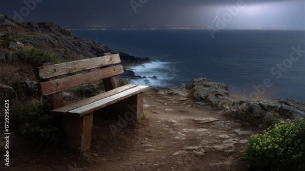Fototapeta A wooden bench on the cliff of a rocky coast, overlooking the ocean on a dark night. A thunderstorm and lightning are visible in the distance. 