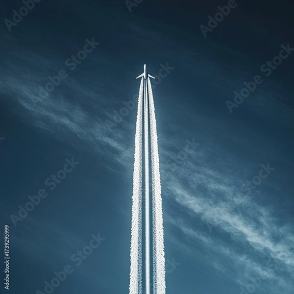 Fototapeta Airplane leaving contrails against deep blue sky