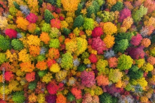 Fototapeta Autumn Canopy: Aerial view of a vibrant forest during autumn, showcasing a colorful blend of autumnal leaves. a mesmerizing view of nature's seasonal display, a vivid tapestry of changing colors.