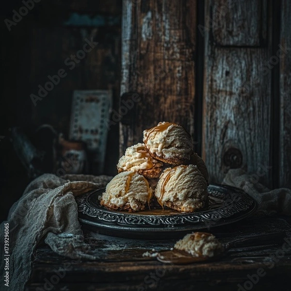 Fototapeta Stacked ice cream scoops on plate, rustic wood backdrop