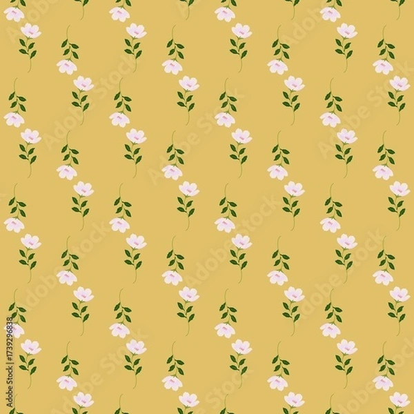 Fototapeta Delicate Pink Floral Pattern on Mustard Background